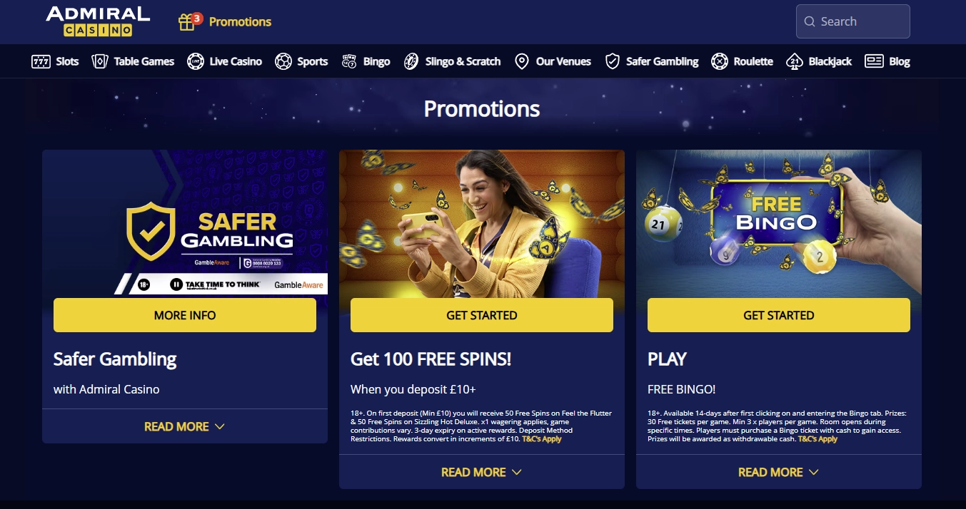 Admiral Casino bonus centre with Fleet Missions