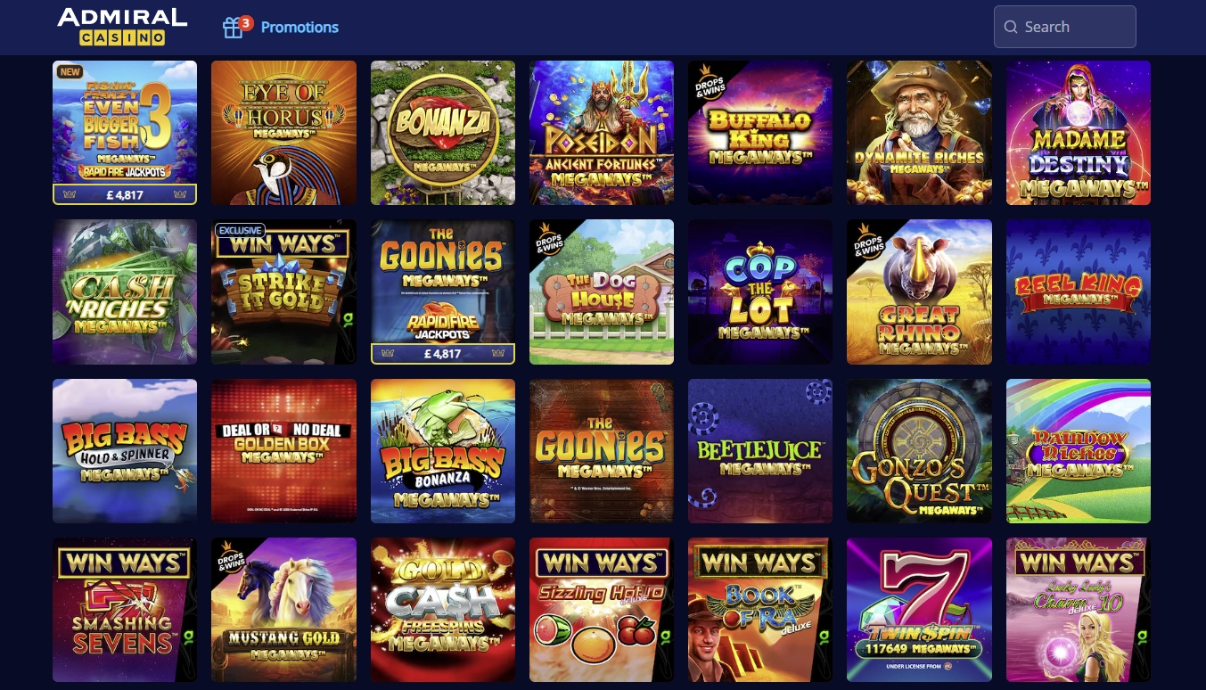 Admiral Casino games lobby showing slots and live tables