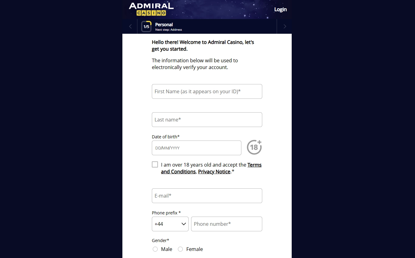 Admiral Casino registration wizard on desktop